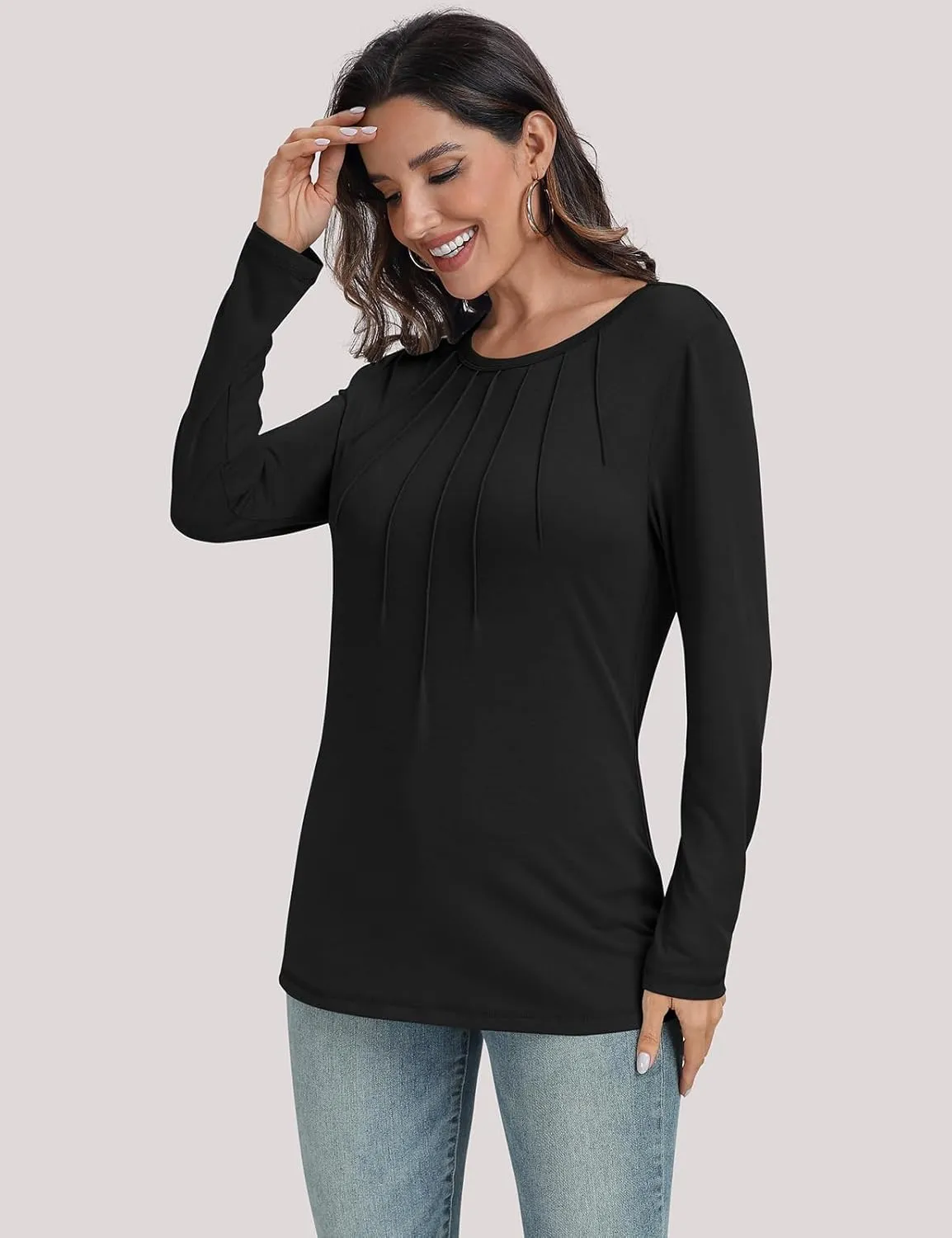 UEU Womens Long Sleeve Tops Crew Neck Casual Pleated Shirts Fashion Dressy Tunic Blouses 2025 Trendy Fall Clothes