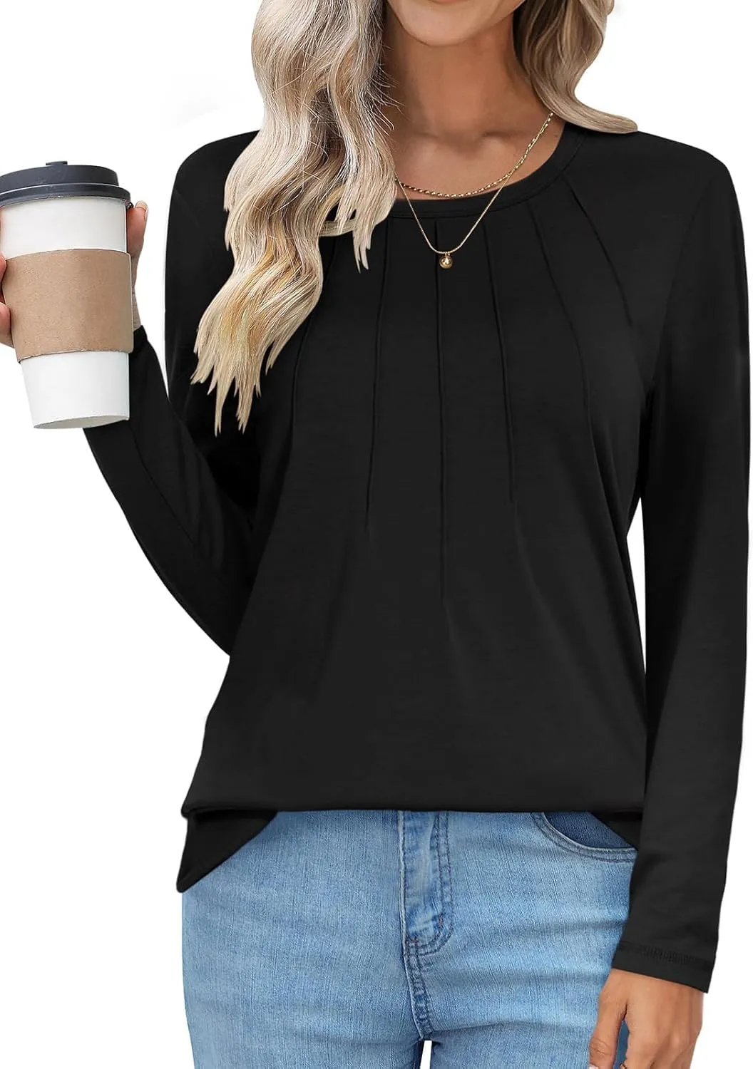 UEU Womens Long Sleeve Tops Crew Neck Casual Pleated Shirts Fashion Dressy Tunic Blouses 2025 Trendy Fall Clothes