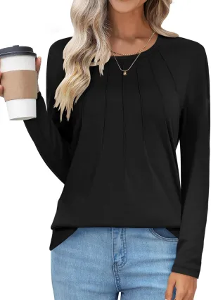 UEU Womens Long Sleeve Tops Crew Neck Casual Pleated Shirts Fashion Dressy Tunic Blouses 2025 Trendy Fall Clothes