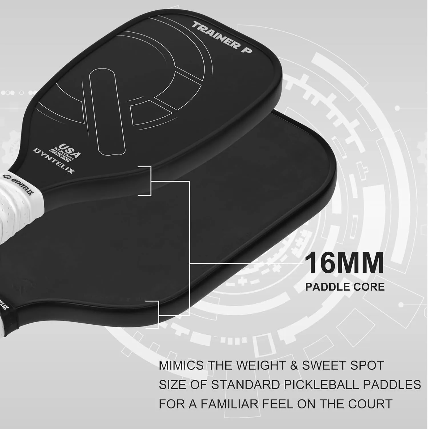USAPA Approved Pickleball Trainer - Carbon Fiber Paddle, Extra Long Handle, 16mm Core Sweet Spot
