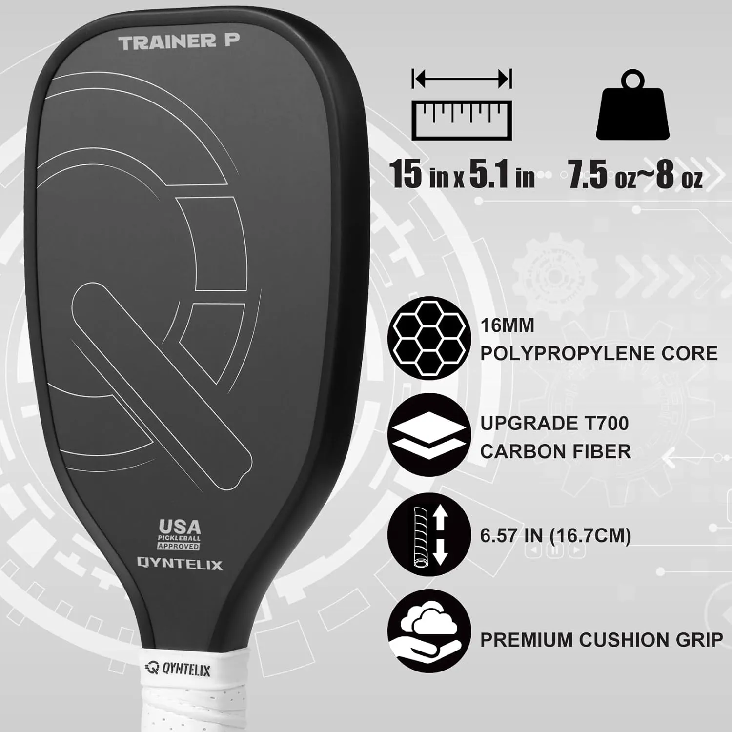 USAPA Approved Pickleball Trainer - Carbon Fiber Paddle, Extra Long Handle, 16mm Core Sweet Spot