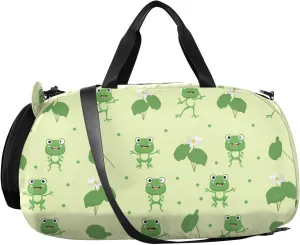 VIGTRO Funny Green Flat Frogs Kids Overnight Travel Duffel Bag Sport Gym Bag for Boys Girls with Shoe Compartment, Carry On Weekender Luggage Bag for Dance Swim Yoga