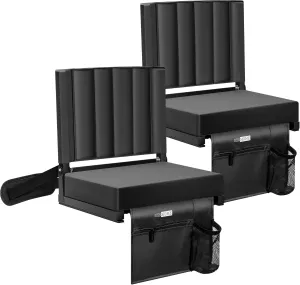 VIVOHOME 2 Pack Stadium Seats with Back Support and Cushion, Portable Bleacher Chair with Cup Holder and Shoulder Strap, Black