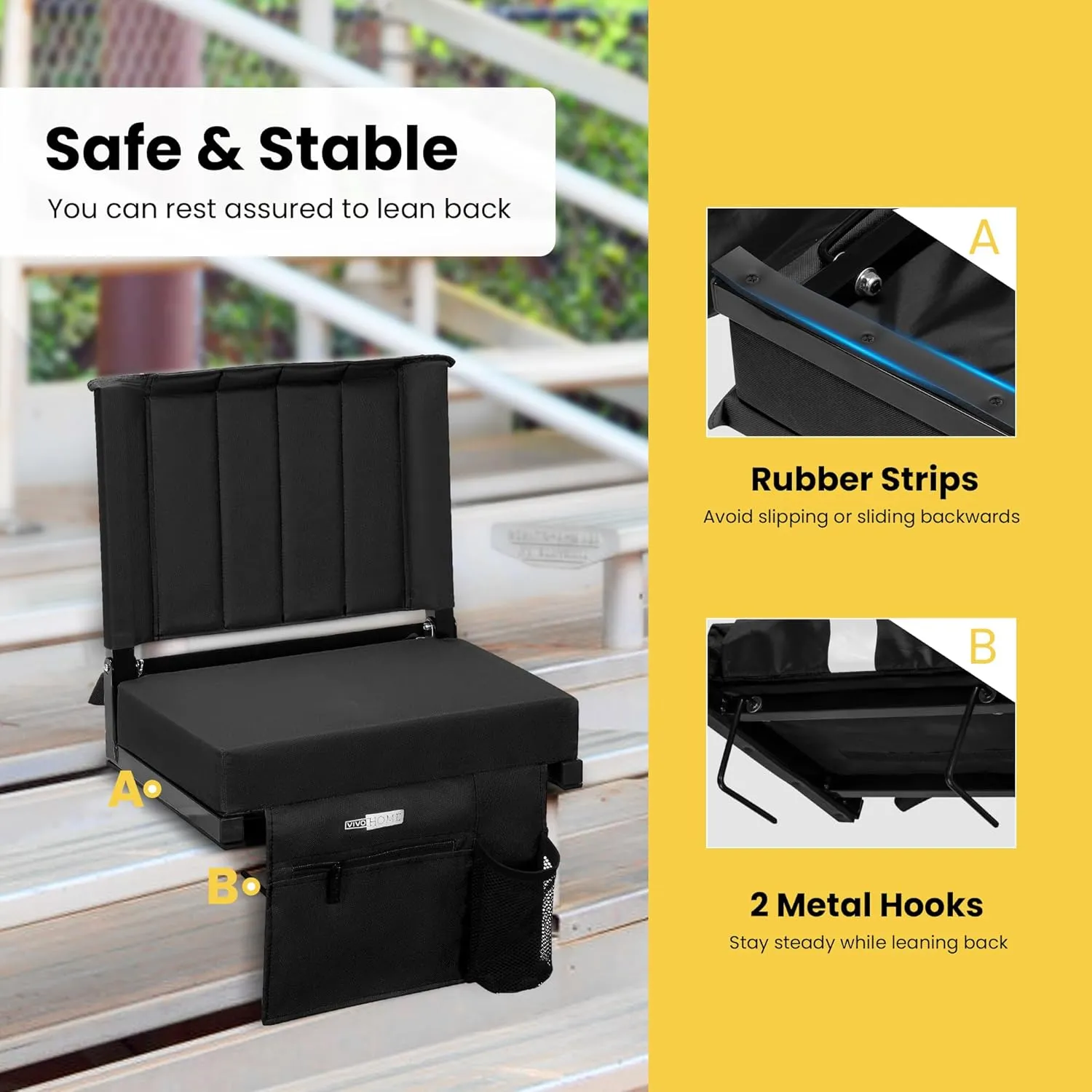 VIVOHOME 2 Pack Stadium Seats with Back Support and Cushion, Portable Bleacher Chair with Cup Holder and Shoulder Strap, Black