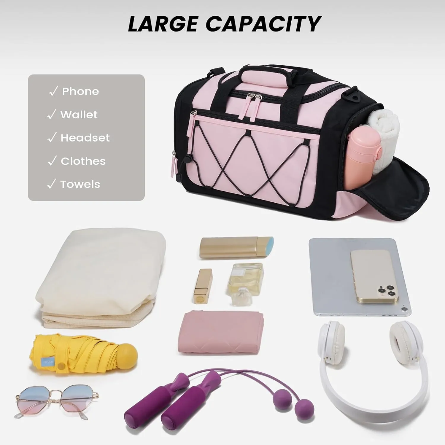 Vorspack Gym Bag for Women - 15 Inches Small Duffle Bag for Travel Lightweight Duffel Bag Personal Item Travel Bag Weekender Bag for Travel Sports Gym - Pink