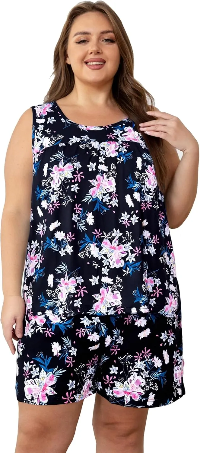 Vozanet Women's Sleeveless Pajama Sets Tank Top and Shorts Sleepwear With Pockets Plus Size Floral Ladies Nighty Loungewear