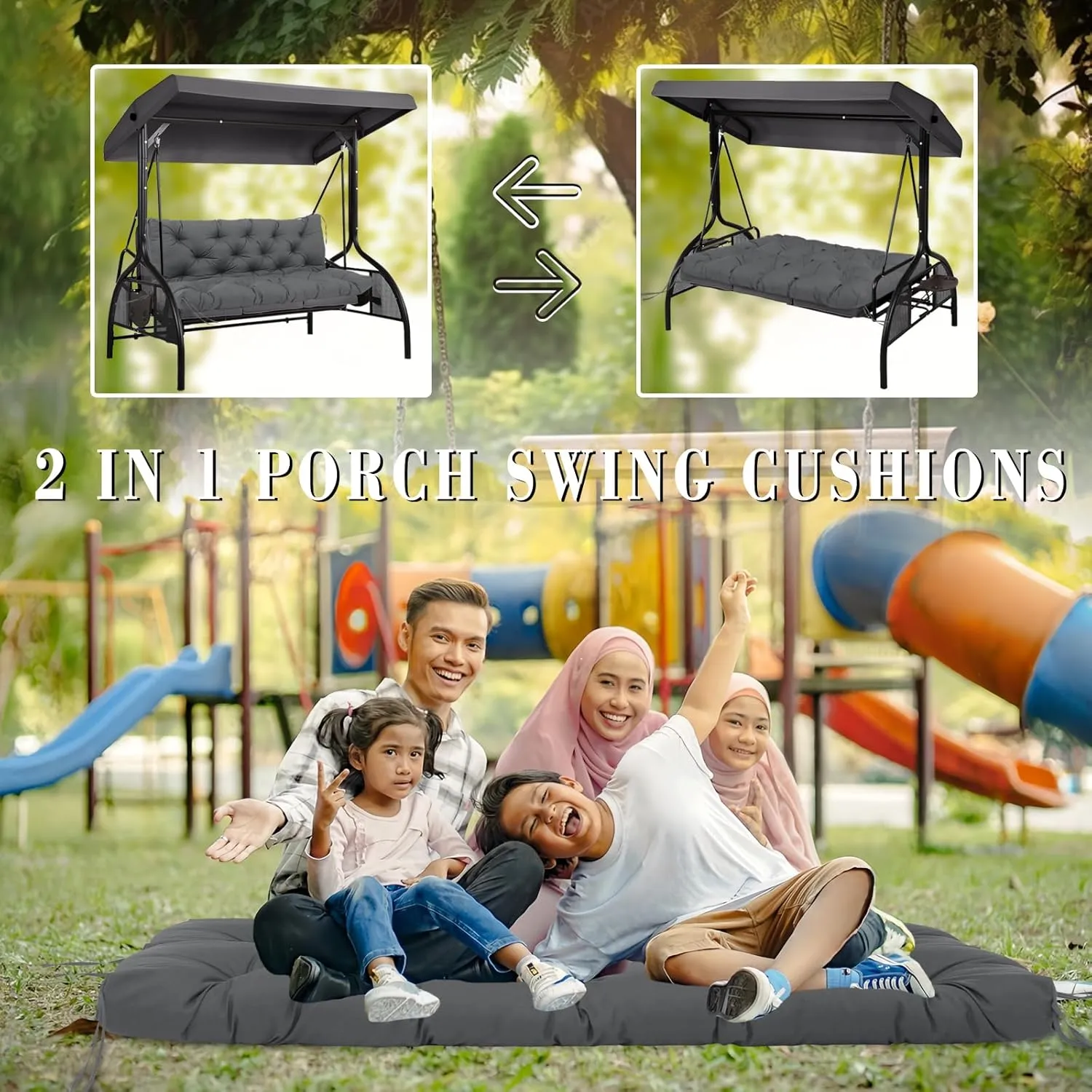 Waterproof 60 Inch Porch Swing Cushions 3 Seater Replacement Extra 5" Thick Outdoor Furniture Cushions with Non-Slip Straps Backrest for Patio Garden Backyard (Dark Gray 60×40×5inch)