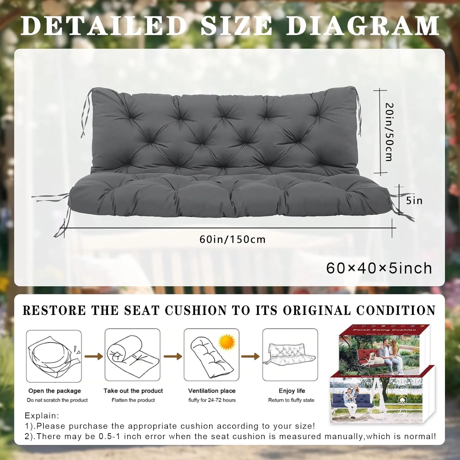Waterproof 60 Inch Porch Swing Cushions 3 Seater Replacement Extra 5" Thick Outdoor Furniture Cushions with Non-Slip Straps Backrest for Patio Garden Backyard (Dark Gray 60×40×5inch)