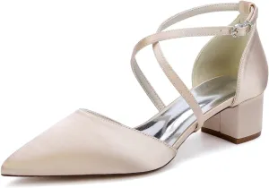 Wedding Bridal Shoes Women's Bridal Block Heel Satin Closed Pointed Toe Chunky Low Heel Pump Sandal Party Dress Shoes 4.5Cm