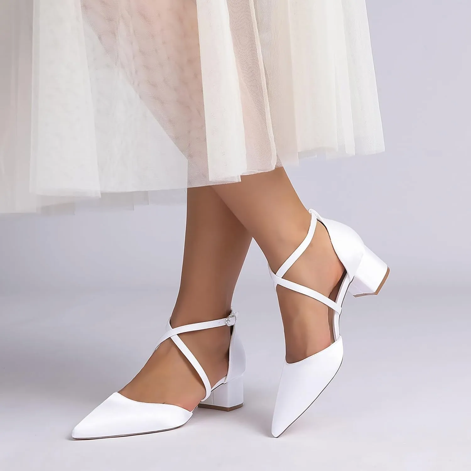 Wedding Bridal Shoes Women's Bridal Block Heel Satin Closed Pointed Toe Chunky Low Heel Pump Sandal Party Dress Shoes 4.5Cm