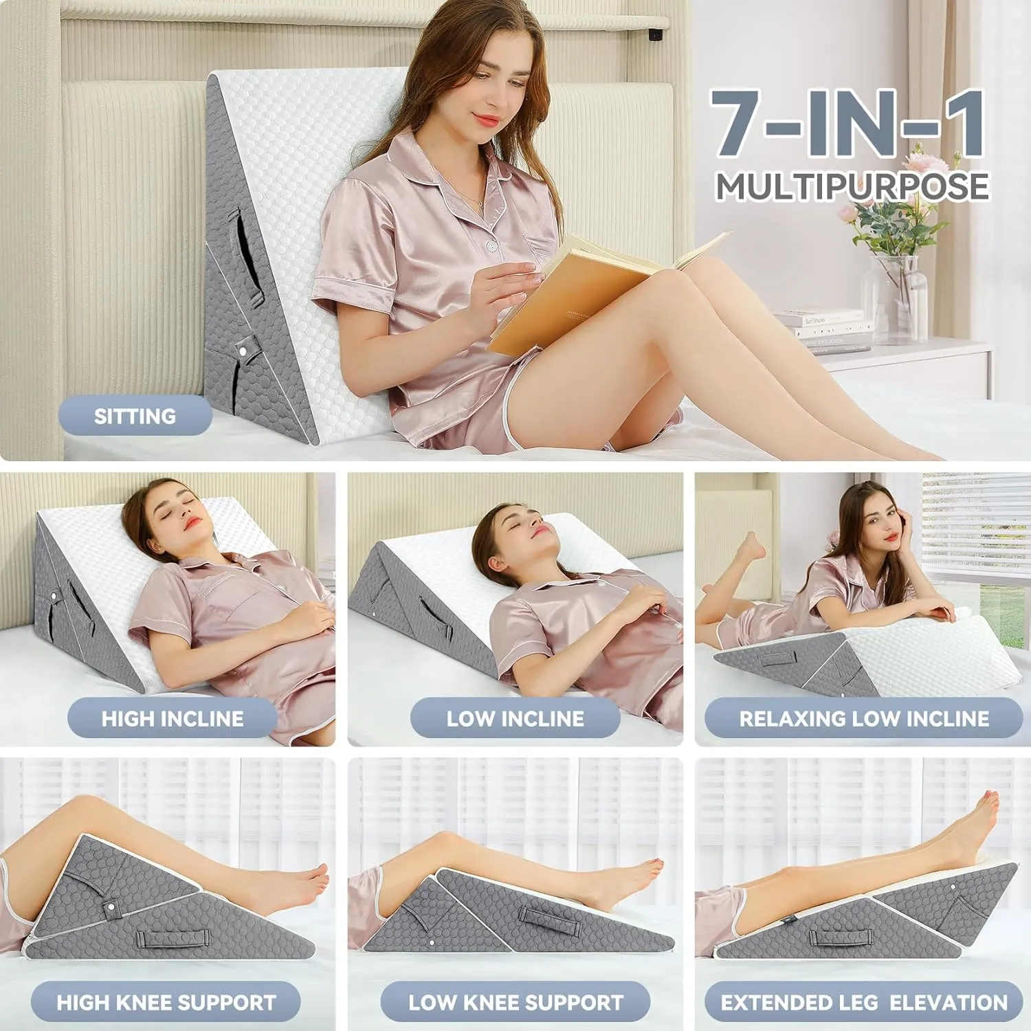Wedge Pillow with Memory Foam Top, 9 & 12 Inch Bed Wedge for Acid Reflux, Back Pain, Heartburn, 7 in 1 Cooling-Gel Pillow Wedge for After Surgery, Adjustable Elevated Pillows for Sleeping, GERD
