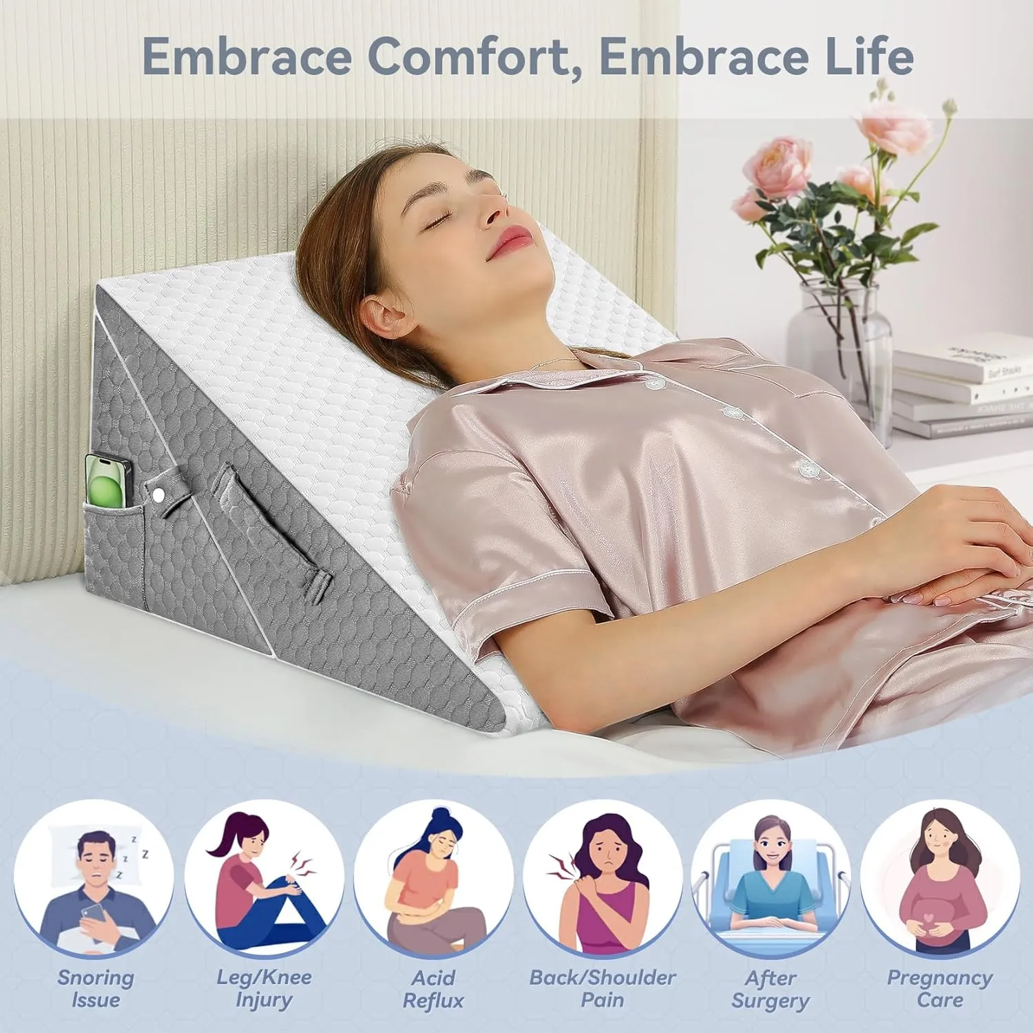 Wedge Pillow with Memory Foam Top, 9 & 12 Inch Bed Wedge for Acid Reflux, Back Pain, Heartburn, 7 in 1 Cooling-Gel Pillow Wedge for After Surgery, Adjustable Elevated Pillows for Sleeping, GERD