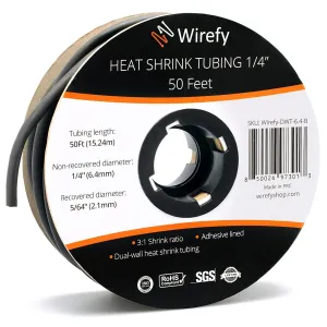 Wirefy 1/4" Heat Shrink Tubing - 3:1 Ratio - Adhesive Lined - a resistant Heat Shrink - Black - 50 Feet Roll