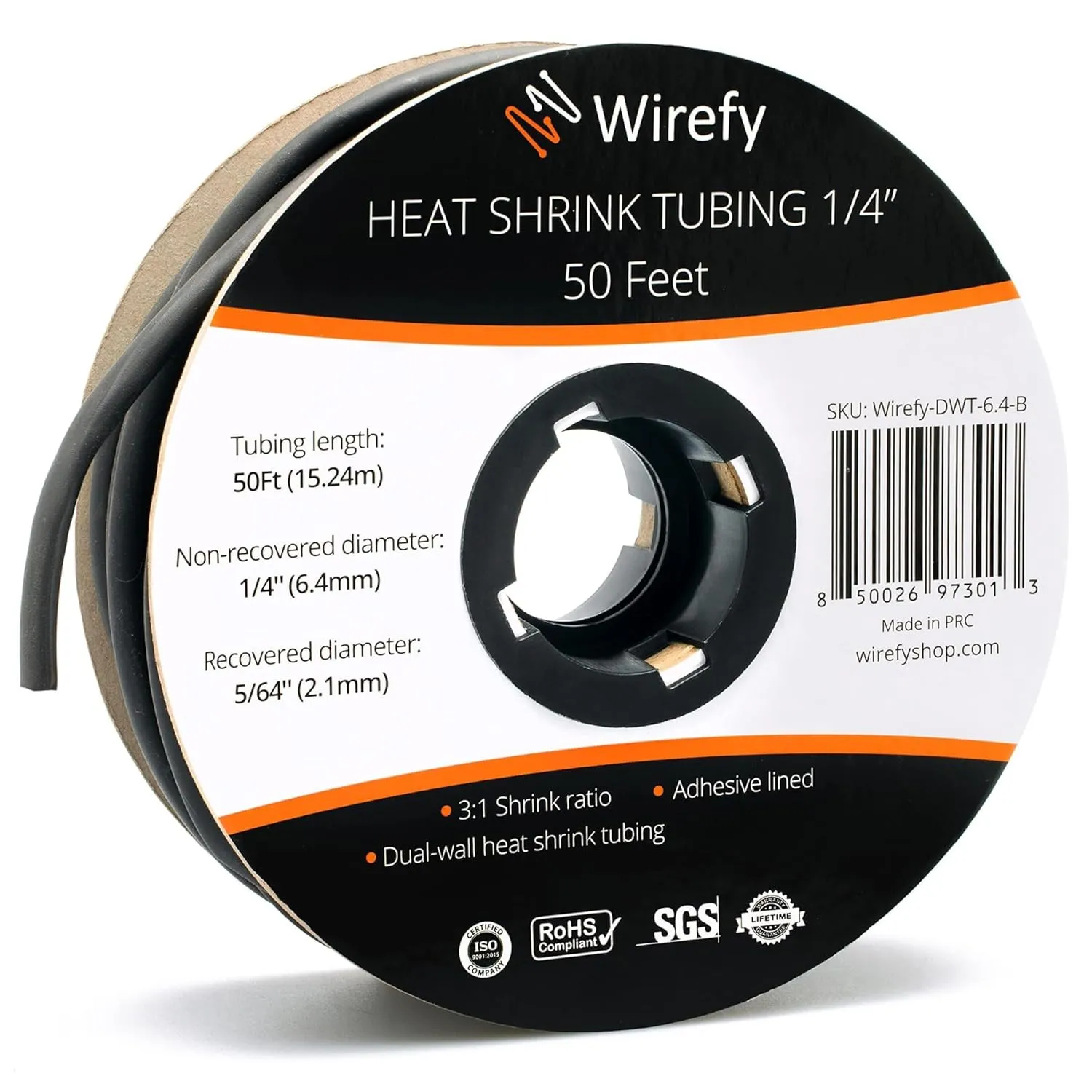 Wirefy 1/4" Heat Shrink Tubing - 3:1 Ratio - Adhesive Lined - a resistant Heat Shrink - Black - 50 Feet Roll