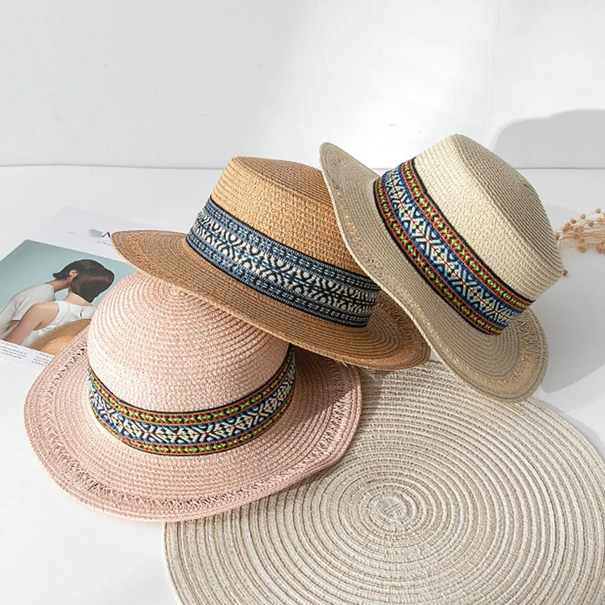 Women Boater Hat 1920s Straw Hat 20s Men Wide Brim Beach Boho Hat