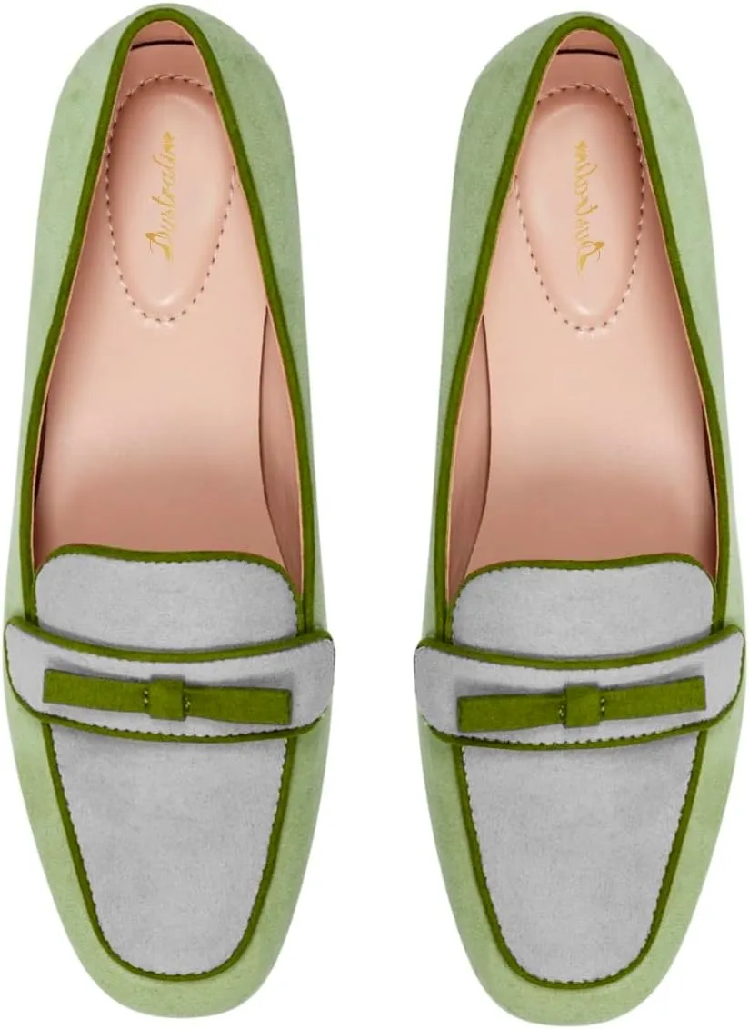 Women Bow Loafer Flats Suede Slip On Comfortable Flat Penny Loafers Closed Square Toe Two-Toned Flat Shoes Patchwork Office Ladies Work Loafers Dressy Casual Club Driver Flats Fall 4-11 M US