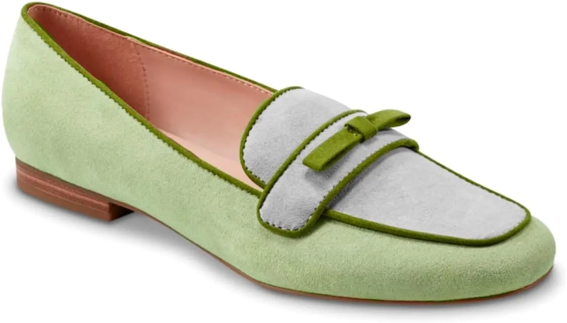 Women Bow Loafer Flats Suede Slip On Comfortable Flat Penny Loafers Closed Square Toe Two-Toned Flat Shoes Patchwork Office Ladies Work Loafers Dressy Casual Club Driver Flats Fall 4-11 M US