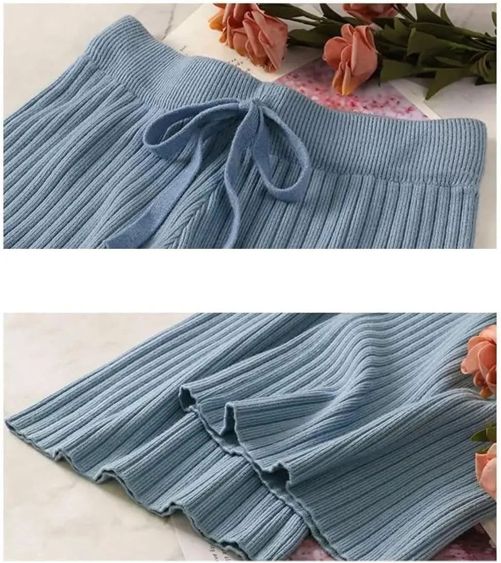 Women High-Waist Wide-Leg Pants Winter Loose Knit Straight-Leg Pants Lace-Up Casual Trousers Drawstring