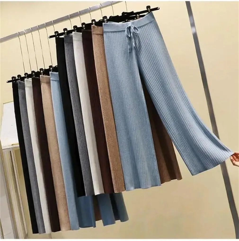 Women High-Waist Wide-Leg Pants Winter Loose Knit Straight-Leg Pants Lace-Up Casual Trousers Drawstring