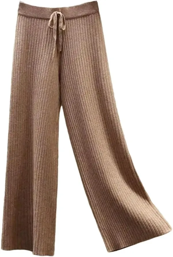 Women High-Waist Wide-Leg Pants Winter Loose Knit Straight-Leg Pants Lace-Up Casual Trousers Drawstring