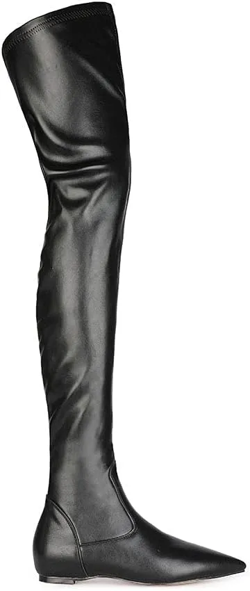 Women Patent Leather Flat Over the Knee Boots Pointed Toe Side Zipper Thigh High Low Heel Boot
