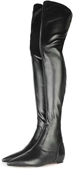 Women Patent Leather Flat Over the Knee Boots Pointed Toe Side Zipper Thigh High Low Heel Boot