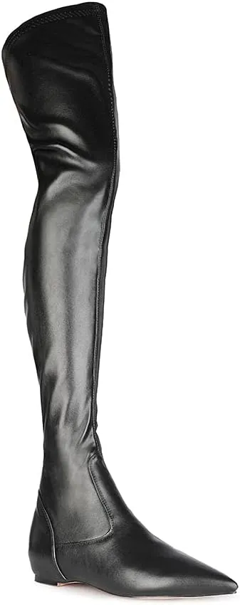 Women Patent Leather Flat Over the Knee Boots Pointed Toe Side Zipper Thigh High Low Heel Boot