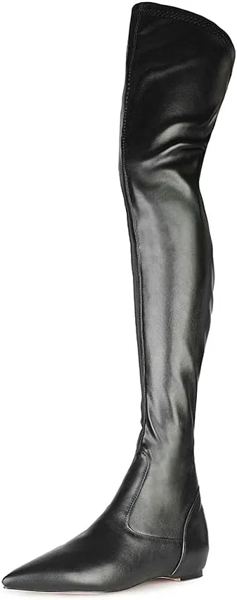Women Patent Leather Flat Over the Knee Boots Pointed Toe Side Zipper Thigh High Low Heel Boot