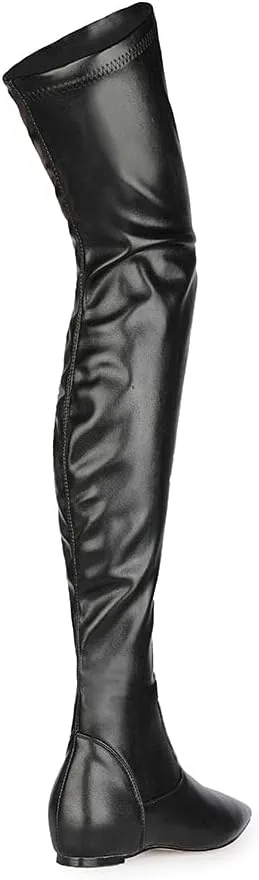 Women Patent Leather Flat Over the Knee Boots Pointed Toe Side Zipper Thigh High Low Heel Boot