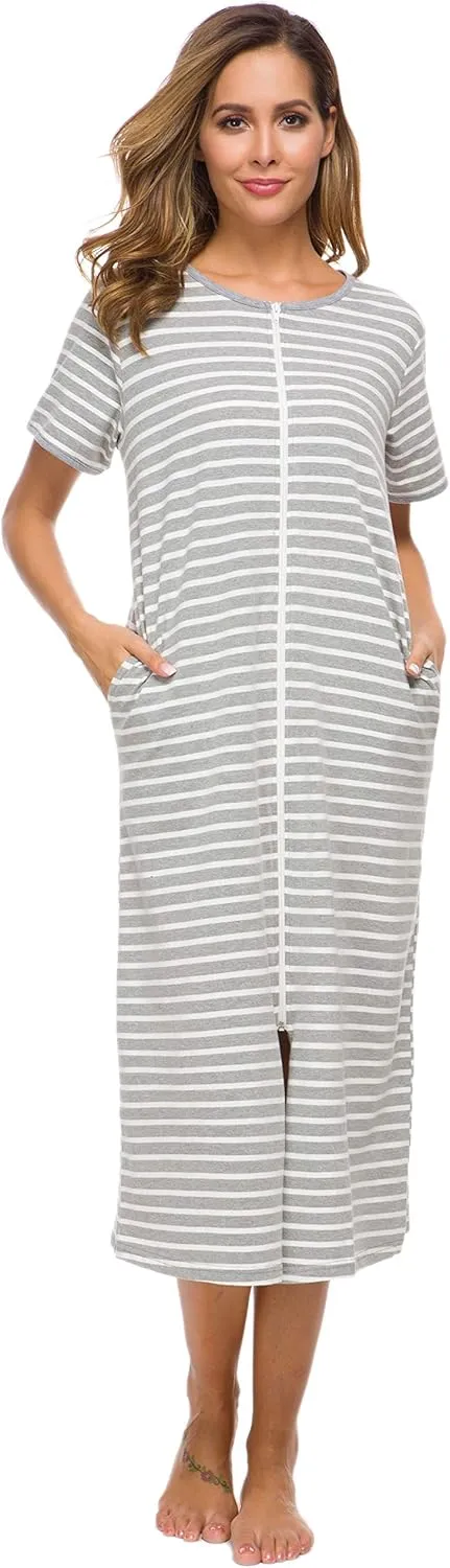 Women Short Sleeve Zip Front Nightgowns Full Length Cotton Robes Loose Housecoat Loungewear with Pockets S-XXL