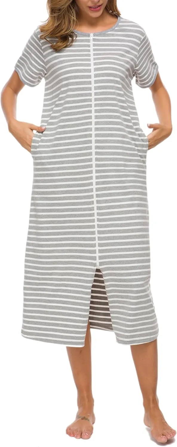 Women Short Sleeve Zip Front Nightgowns Full Length Cotton Robes Loose Housecoat Loungewear with Pockets S-XXL