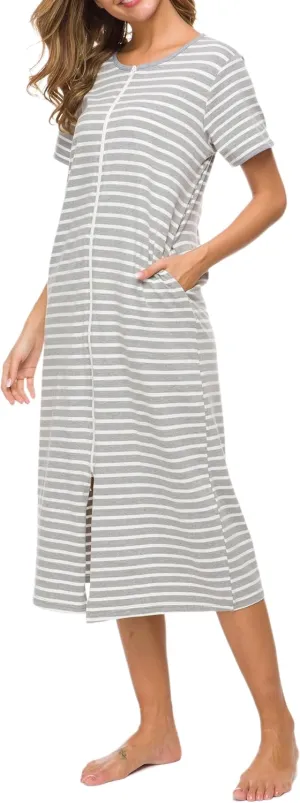 Women Short Sleeve Zip Front Nightgowns Full Length Cotton Robes Loose Housecoat Loungewear with Pockets S-XXL