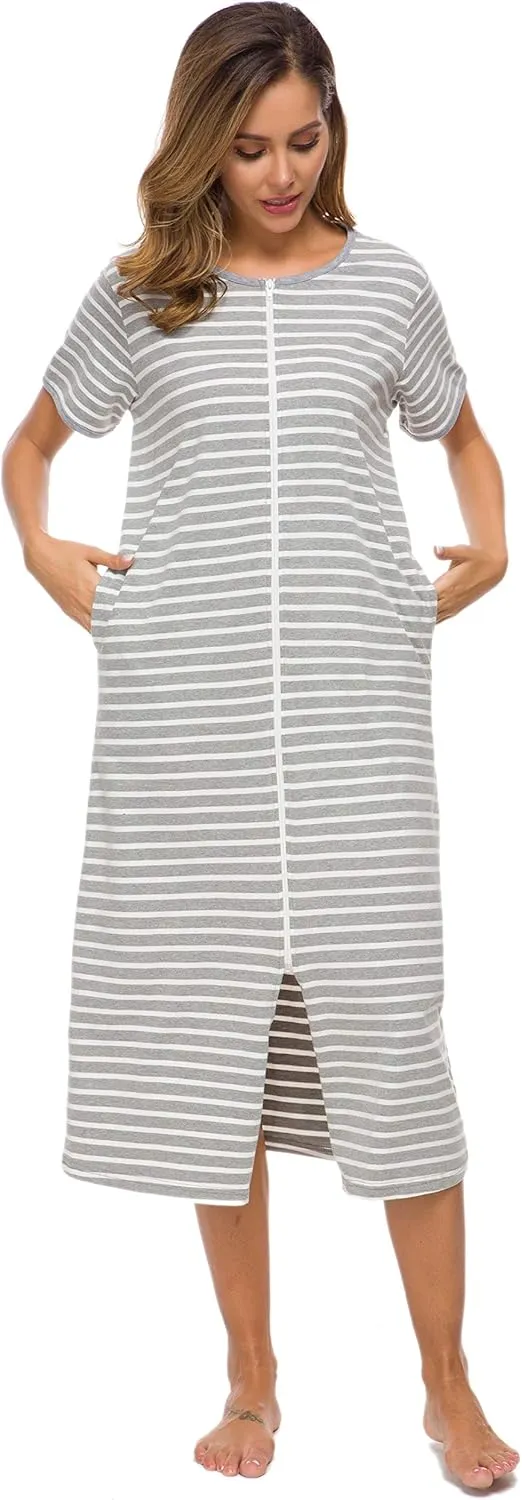 Women Short Sleeve Zip Front Nightgowns Full Length Cotton Robes Loose Housecoat Loungewear with Pockets S-XXL