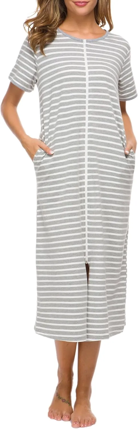 Women Short Sleeve Zip Front Nightgowns Full Length Cotton Robes Loose Housecoat Loungewear with Pockets S-XXL