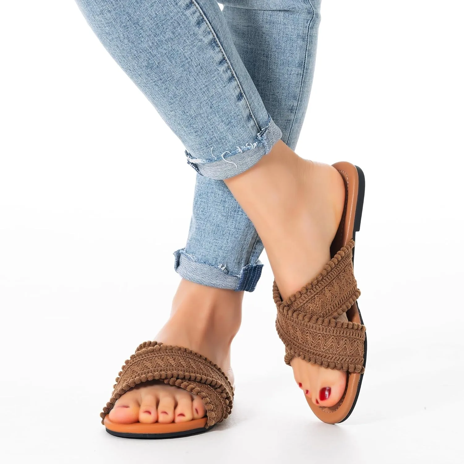 Women Slides Sandals Braided Summer Bohemian Dressy Vacation Beach Comfy Slip On Flat