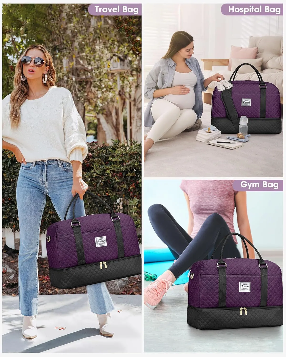 Women Weekender Travel Duffle Bag: Overnight Bags with Shoe Compartment Carry on Bags Weekend Yoga Gym with Wet Pocket Travel Duffel Tote Bag Black Purple