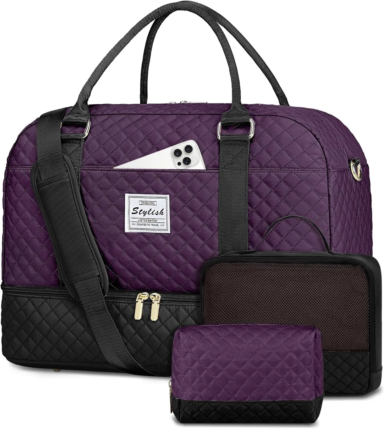 Women Weekender Travel Duffle Bag: Overnight Bags with Shoe Compartment Carry on Bags Weekend Yoga Gym with Wet Pocket Travel Duffel Tote Bag Black Purple