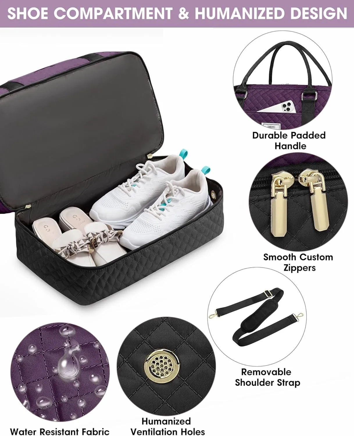 Women Weekender Travel Duffle Bag: Overnight Bags with Shoe Compartment Carry on Bags Weekend Yoga Gym with Wet Pocket Travel Duffel Tote Bag Black Purple