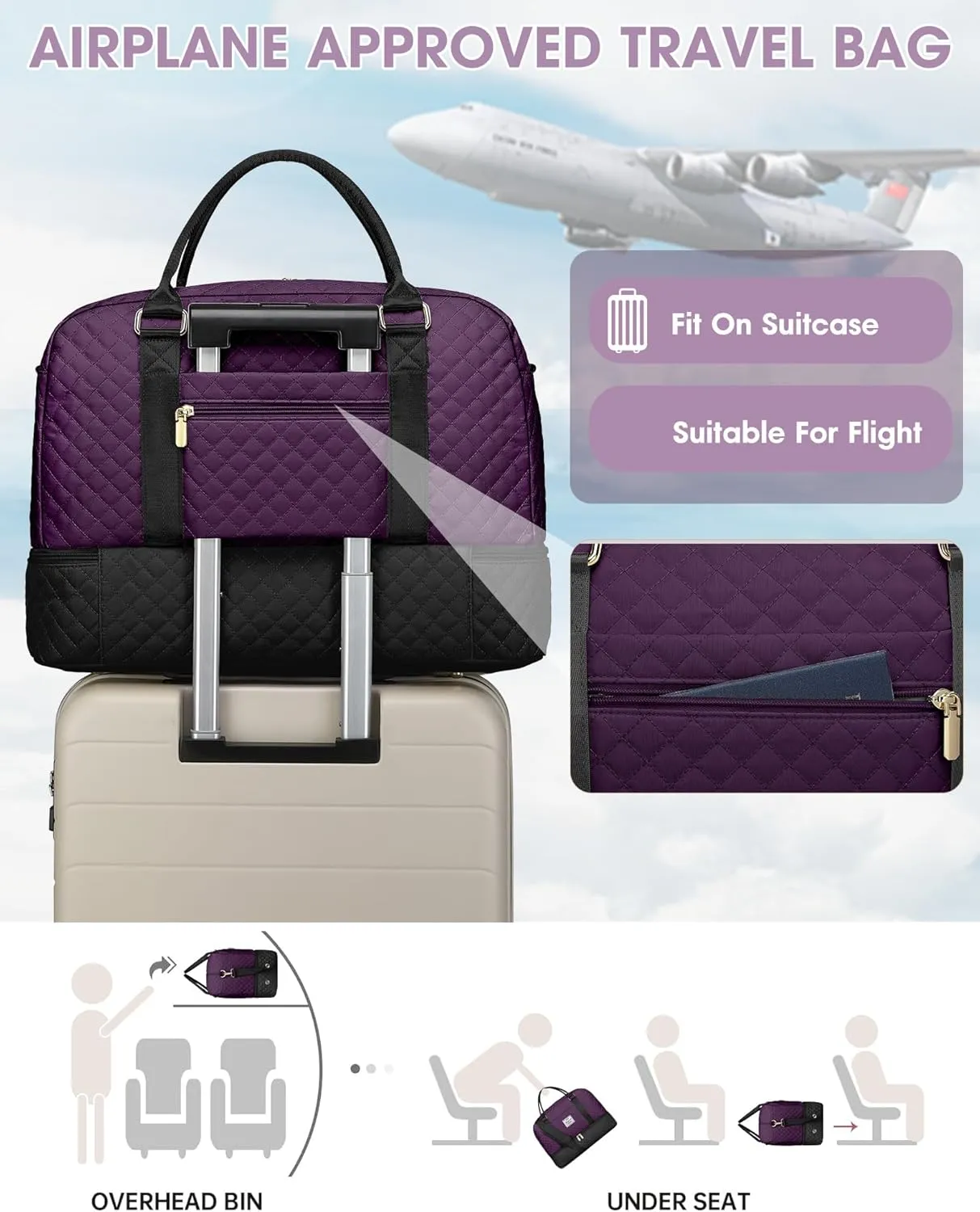 Women Weekender Travel Duffle Bag: Overnight Bags with Shoe Compartment Carry on Bags Weekend Yoga Gym with Wet Pocket Travel Duffel Tote Bag Black Purple