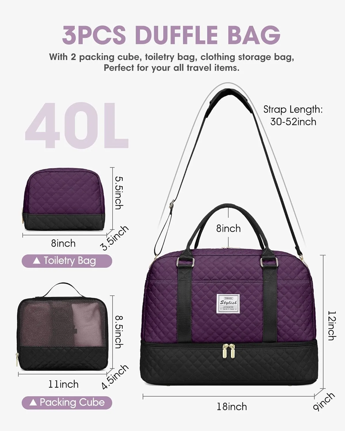 Women Weekender Travel Duffle Bag: Overnight Bags with Shoe Compartment Carry on Bags Weekend Yoga Gym with Wet Pocket Travel Duffel Tote Bag Black Purple