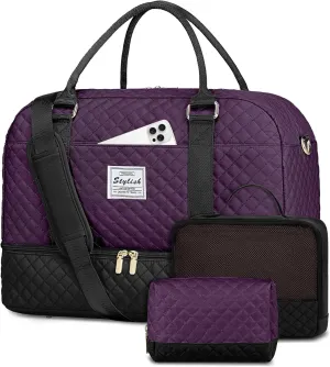 Women Weekender Travel Duffle Bag: Overnight Bags with Shoe Compartment Carry on Bags Weekend Yoga Gym with Wet Pocket Travel Duffel Tote Bag Black Purple