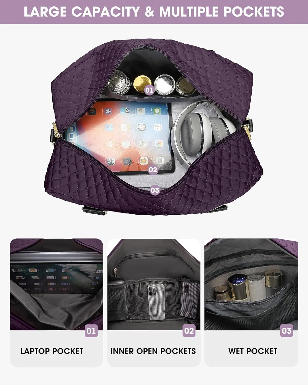 Women Weekender Travel Duffle Bag: Overnight Bags with Shoe Compartment Carry on Bags Weekend Yoga Gym with Wet Pocket Travel Duffel Tote Bag Black Purple
