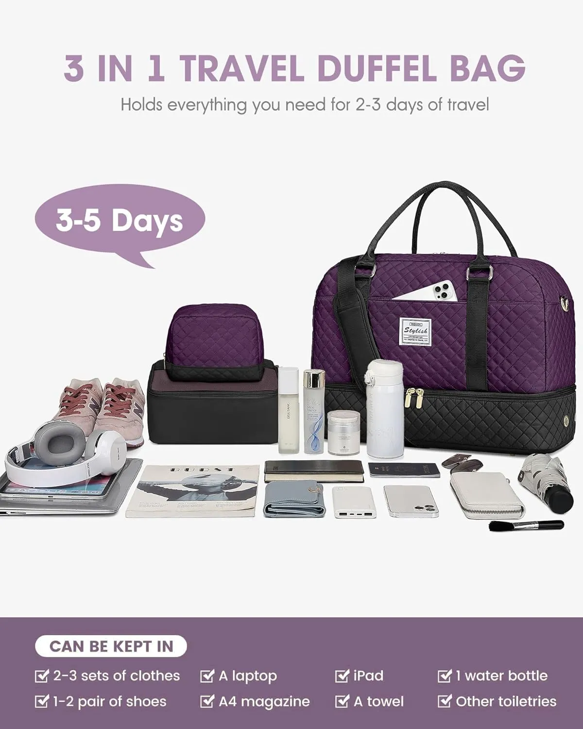 Women Weekender Travel Duffle Bag: Overnight Bags with Shoe Compartment Carry on Bags Weekend Yoga Gym with Wet Pocket Travel Duffel Tote Bag Black Purple