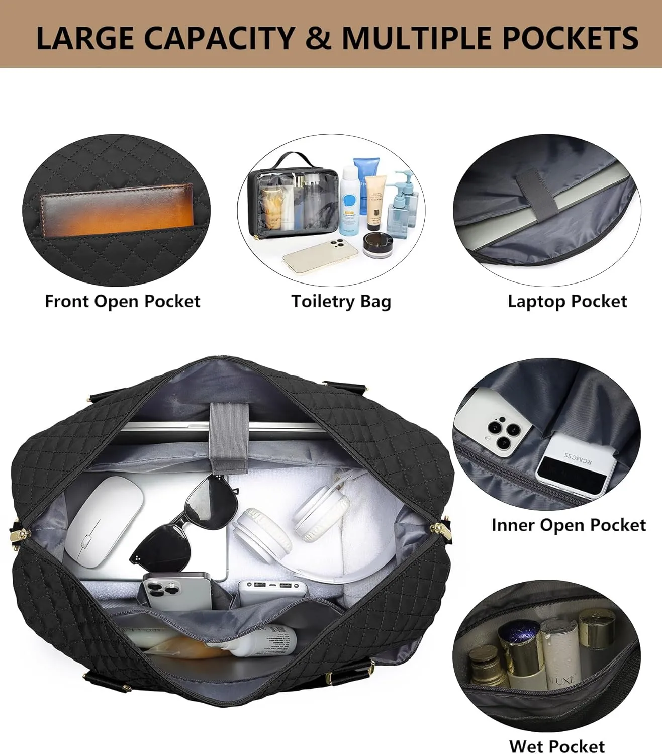 Women Weekender Travel Duffle Bags - Large Duffel Overnight Bag with Shoe Compartment & Toiletry Carry on Tote Weekend Yoga Gym Bags with Wet Pocket Hospital Bags for Labor and Delivery Black