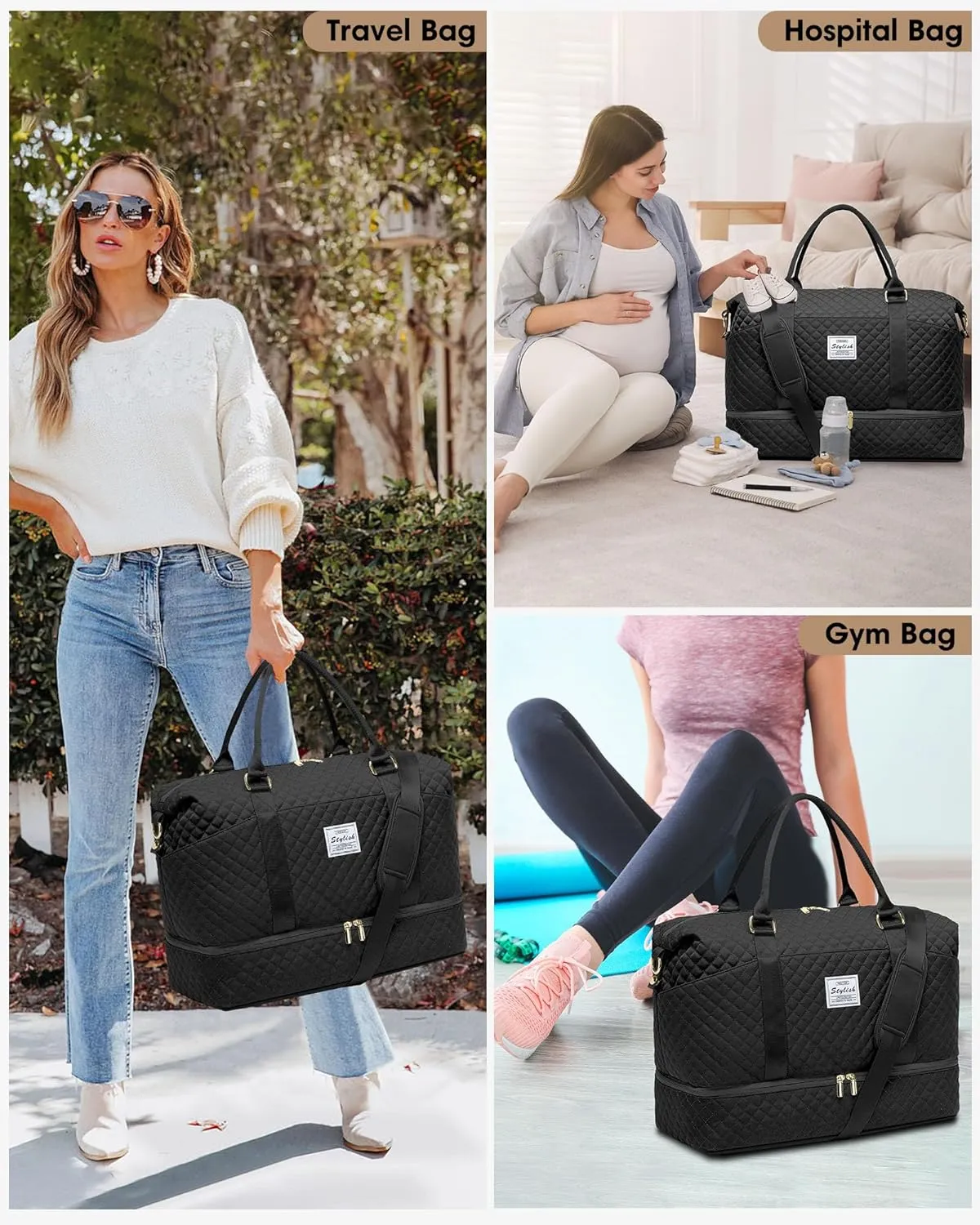 Women Weekender Travel Duffle Bags - Large Duffel Overnight Bag with Shoe Compartment & Toiletry Carry on Tote Weekend Yoga Gym Bags with Wet Pocket Hospital Bags for Labor and Delivery Black
