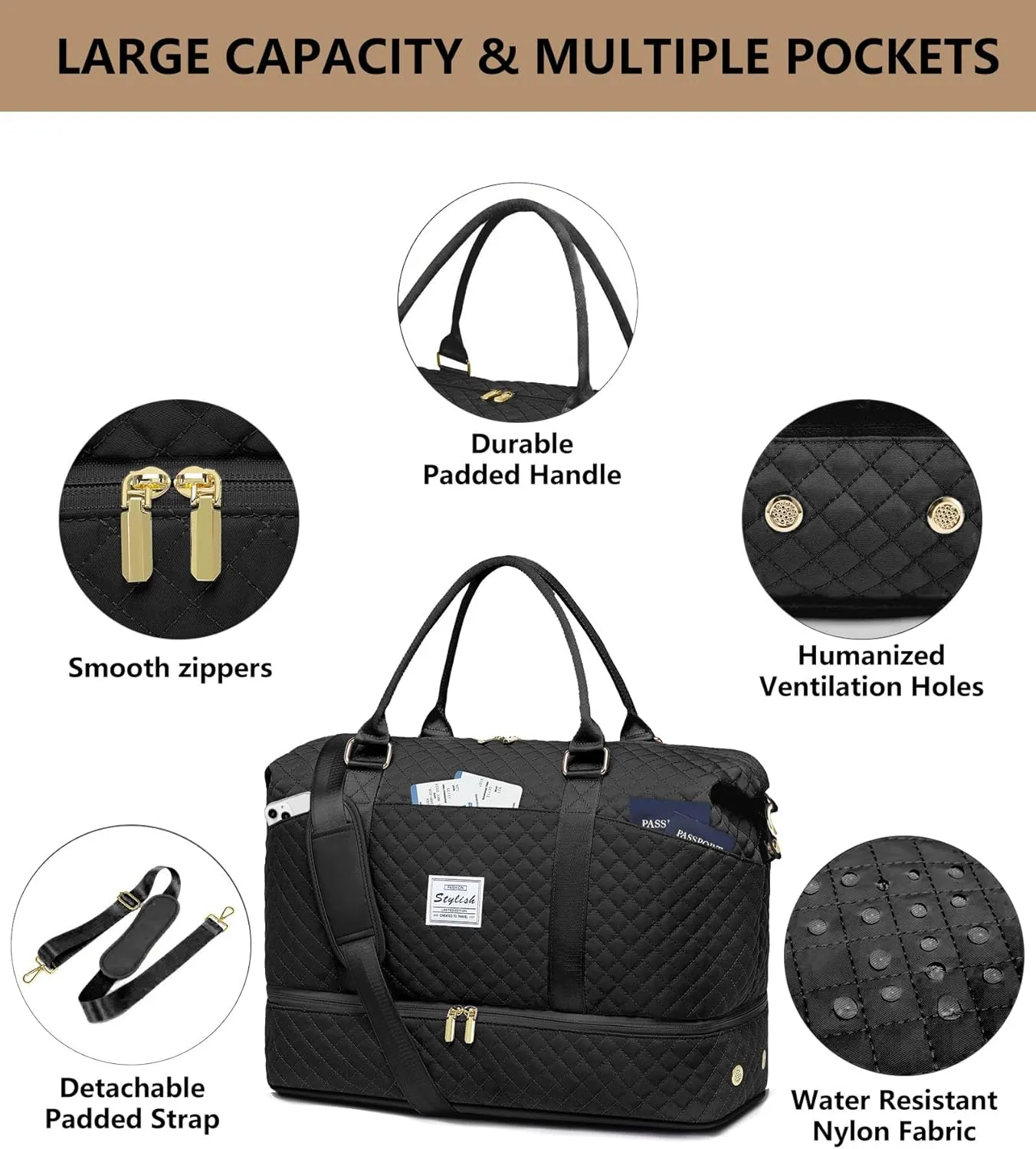Women Weekender Travel Duffle Bags - Large Duffel Overnight Bag with Shoe Compartment & Toiletry Carry on Tote Weekend Yoga Gym Bags with Wet Pocket Hospital Bags for Labor and Delivery Black