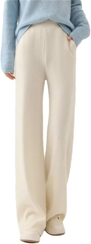 Women’S 100% Merino Wool Wide Leg Knit Pants, Winter Solid Color Warm Trousers with Pocket