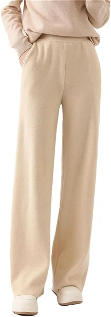 Women’S 100% Merino Wool Wide Leg Knit Pants, Winter Solid Color Warm Trousers with Pocket