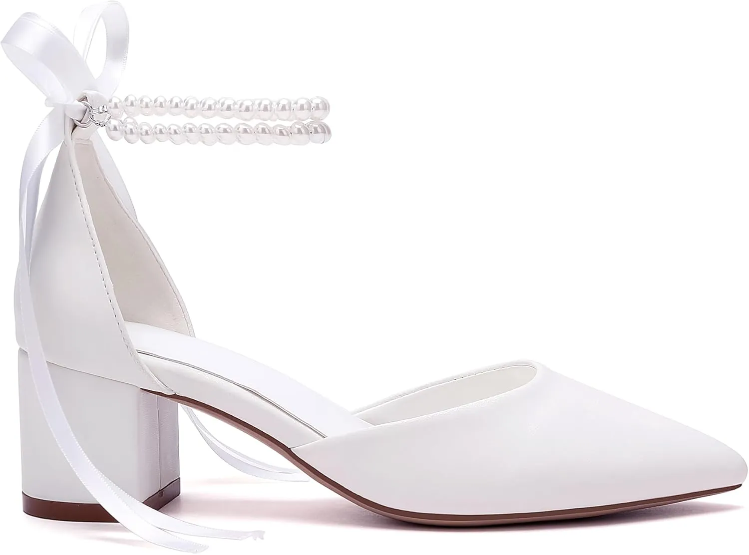Women's Block Heel Pearl Satin Closed Pointed Toe Chunky Low Heel Pump Sandal Party Wedding Dress Shoes