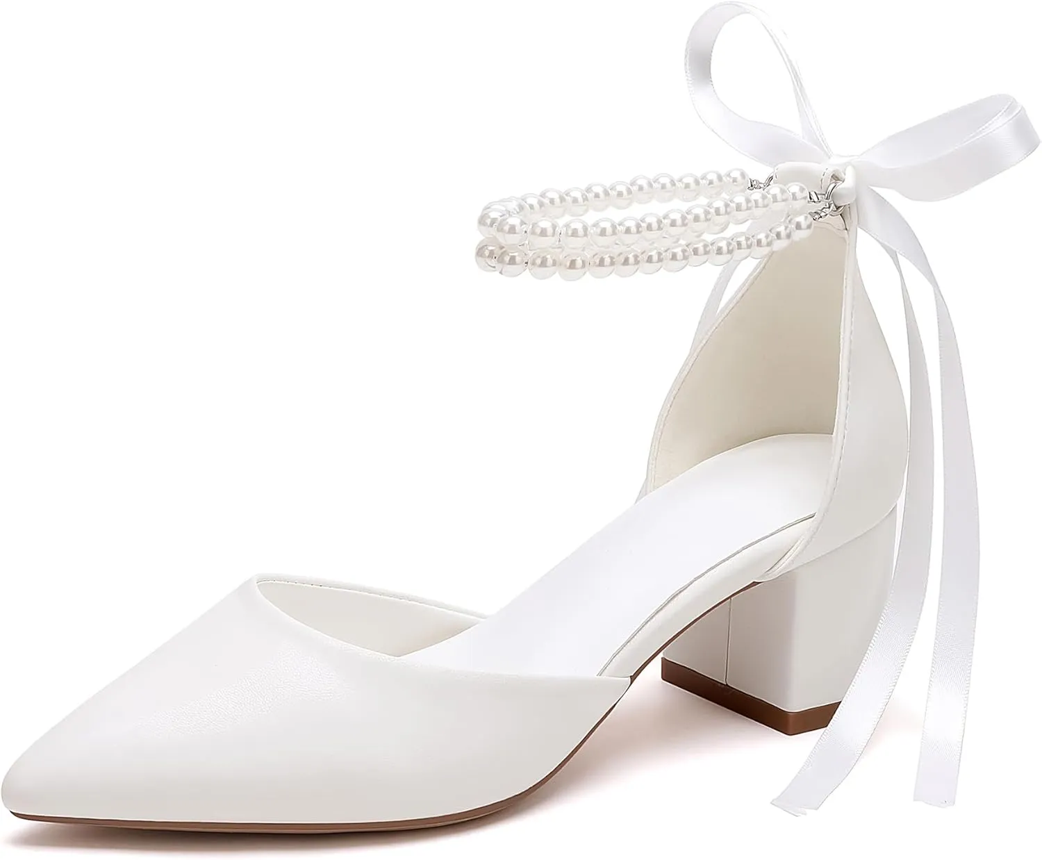 Women's Block Heel Pearl Satin Closed Pointed Toe Chunky Low Heel Pump Sandal Party Wedding Dress Shoes